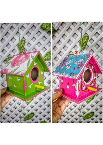 2 Adet Ahşap Kuş Evi, Ağaçlar İçin Kuş Yuvası, Pembe Yesil Bahçe Süsü