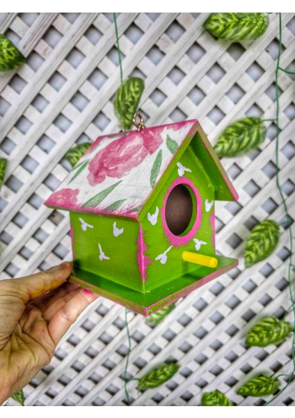 2 Adet Ahşap Kuş Evi, Ağaçlar İçin Kuş Yuvası, Pembe Yesil Bahçe Süsü