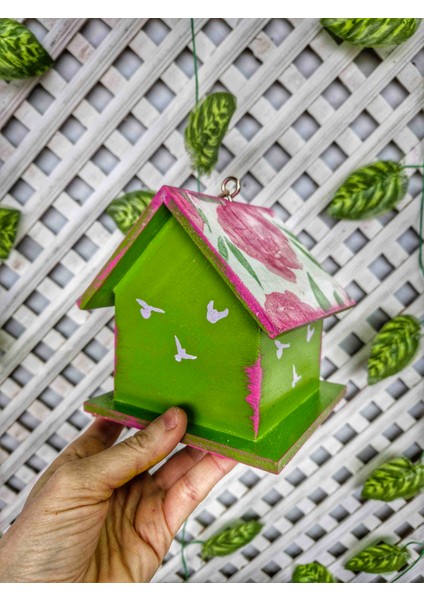 2 Adet Ahşap Kuş Evi, Ağaçlar İçin Kuş Yuvası, Pembe Yesil Bahçe Süsü