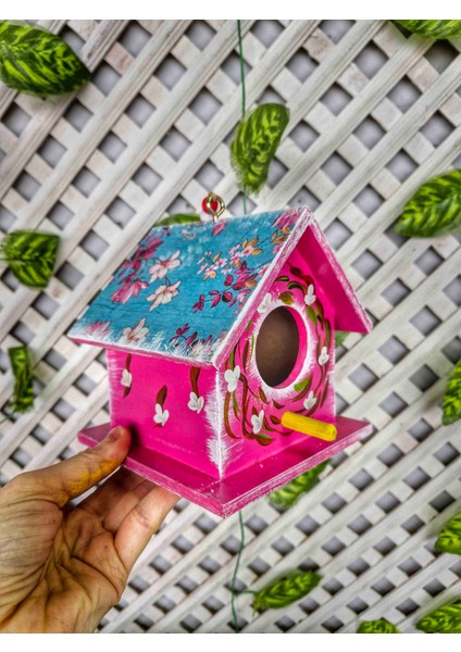 2 Adet Ahşap Kuş Evi, Ağaçlar İçin Kuş Yuvası, Pembe Yesil Bahçe Süsü