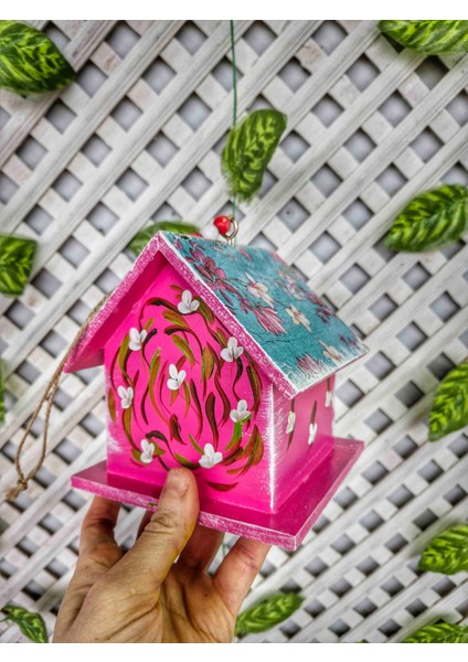2 Adet Ahşap Kuş Evi, Ağaçlar İçin Kuş Yuvası, Pembe Yesil Bahçe Süsü