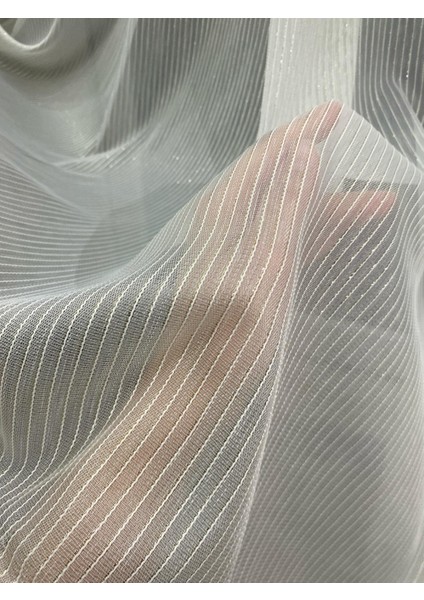 4020 Gold Simli Şeritli Modern Ekru Tül Perde 1/3 Sık Pileli