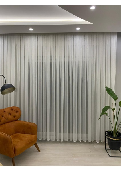 4020 Gold Simli Şeritli Modern Ekru Tül Perde 1/2,5 Orta Normal Pileli modelleri