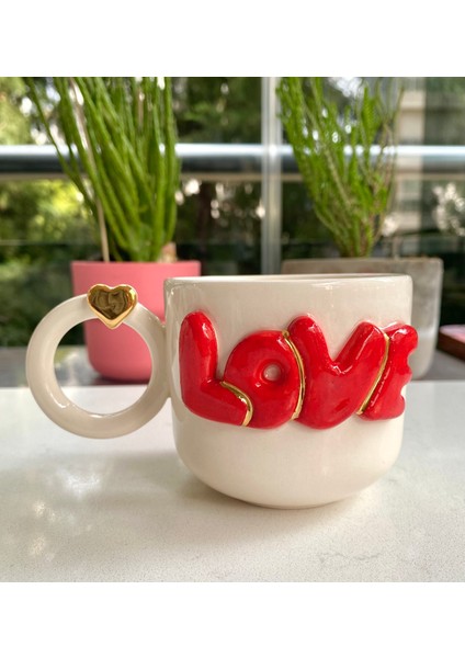El Yapımı Seramik Gerçek 24K Altın Dekorlu Love Kupa