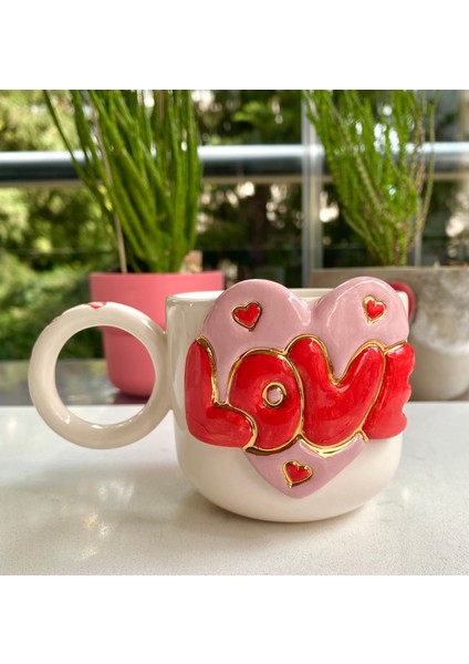 El Yapımı Seramik Gerçek 24K Altın Dekorlu Kalpli Love Kupa