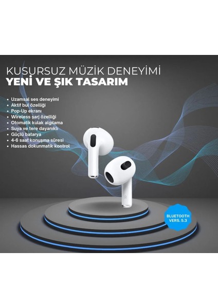 Airbuds 3. nesil Ios ve Android Uyumlu Premium Kablosuz Şarj Özellikli 5. 3 Bluetooth Kulaklık fırsatları