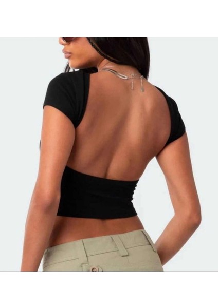 Sırtı Açık Kısa Kollu Crop Top - Siyah