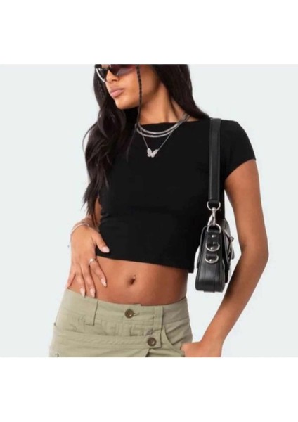 Sırtı Açık Kısa Kollu Crop Top - Siyah