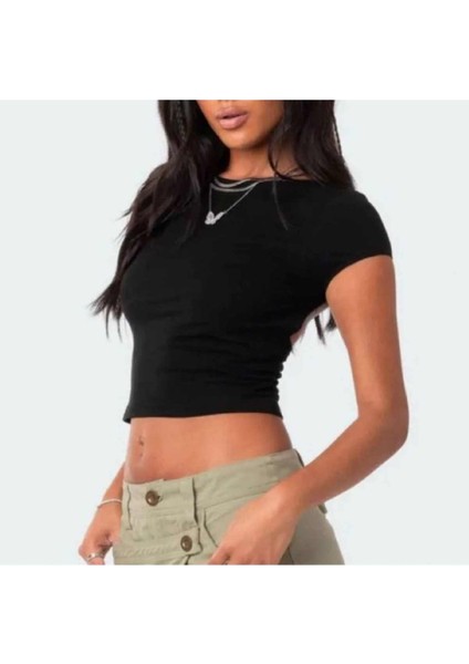 Sırtı Açık Kısa Kollu Crop Top - Siyah
