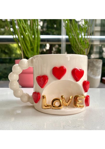 El Yapımı Seramik Gerçek 24K Altın Dekorlu Love Kupa