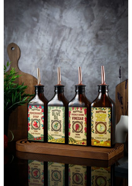 200ML Amber Renkli Carmen Serisi Zeytinyağı,Sirke,Limon Suyu, Nar Ekşisi Şişesi 4'lü Set