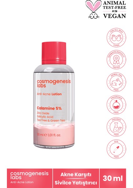 Akne Karşıtı Losyon 30ml – Akne Yatıştırıcı, Siyah Nokta Azaltıcı Vegan (%5 Calamine – Yeşil Çay)