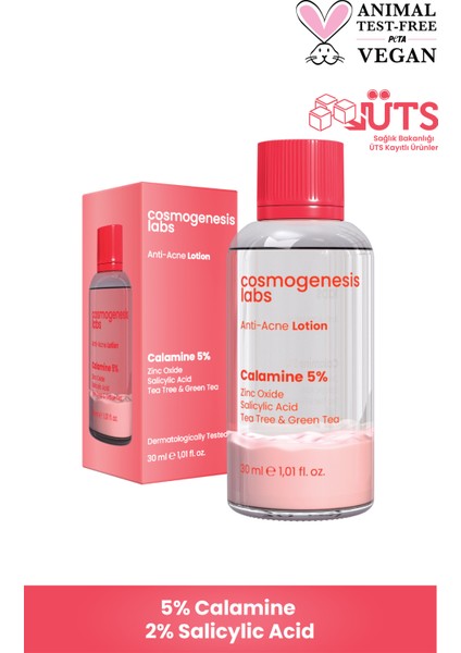 Akne Karşıtı Losyon 30ml – Akne Yatıştırıcı, Siyah Nokta Azaltıcı Vegan (%5 Calamine – Yeşil Çay)