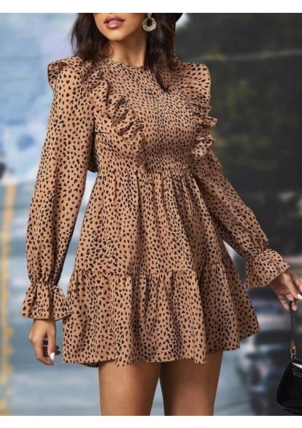 Kadın Uzun Kollu Yaka ve Sırt Fırfır Detay Mikro Mini Boy Elbise