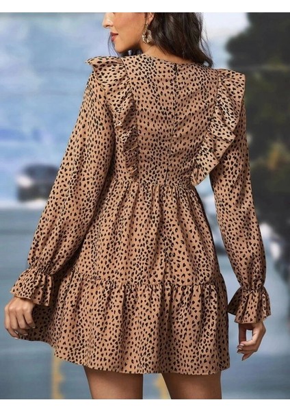 Kadın Uzun Kollu Yaka ve Sırt Fırfır Detay Mikro Mini Boy Elbise modelleri