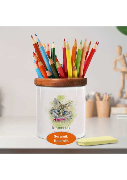 Sevimli Yavru Kedi Ahşap Seramik Kalemlik - 2147620401 fiyatları