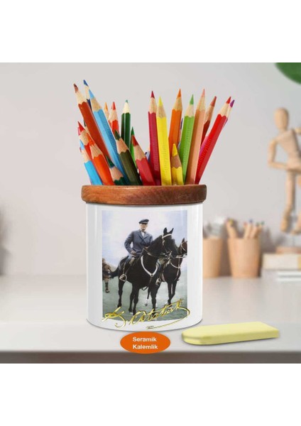 Atlı Asaletli Mustafa Kemal Paşa Ahşap Seramik Kalemlik -R260 fiyatları