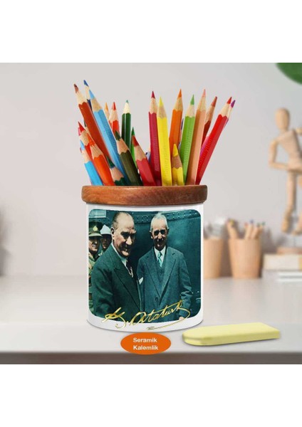 Gülümseyen Mustafa Kemal Atatürk Ahşap Seramik KALEMLIK-ATA_360 fiyatları