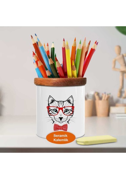 Gözlüklü Sevimli Kedi Ahşap Seramik Kalemlik - 2147493798