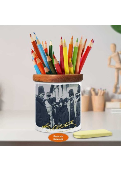 Kalpaklı Gazi Mustafa Kemal Atatürk Ahşap Seramik KALEMLIK-811 fiyatları