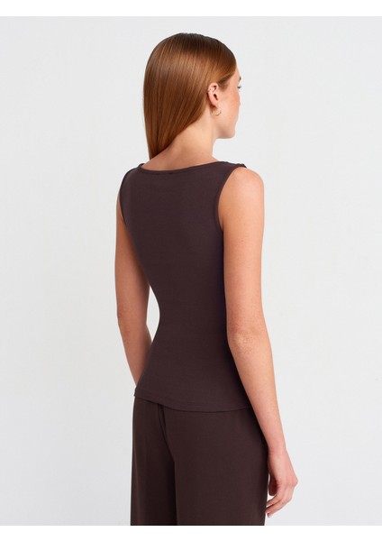 31589 Büzgülü Kayık Yaka Top-Koyu Kahve fiyatları