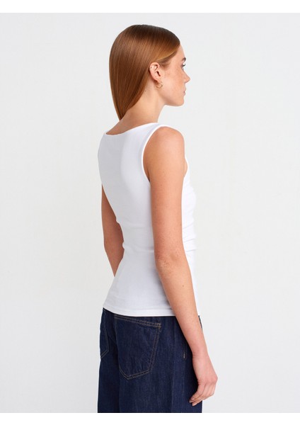 31589 Büzgülü Kayık Yaka Top-Beyaz