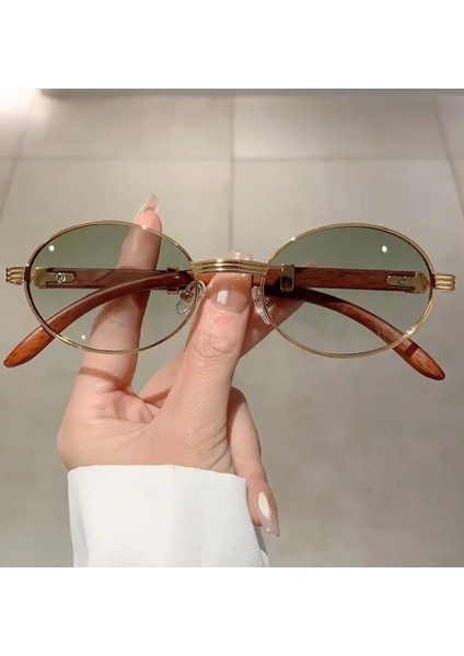 Oval Çerçeve Kadın Güneş Gözlüğü, Ahşap Desen, Oval Gözlük