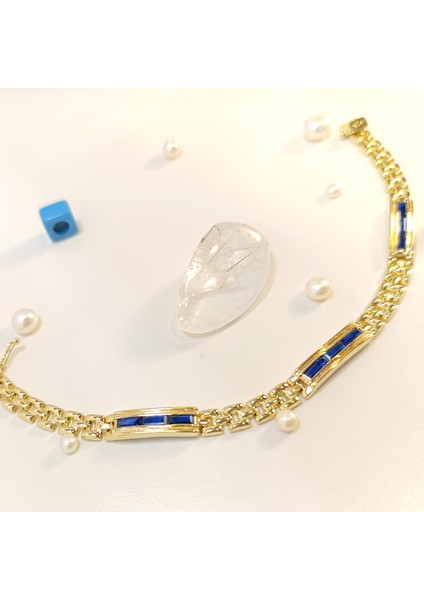 Mavi Baget Taşlı Bileklik Künye 14 Ayar Altın