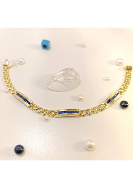 Mavi Baget Taşlı Bileklik Künye 14 Ayar Altın fiyatları