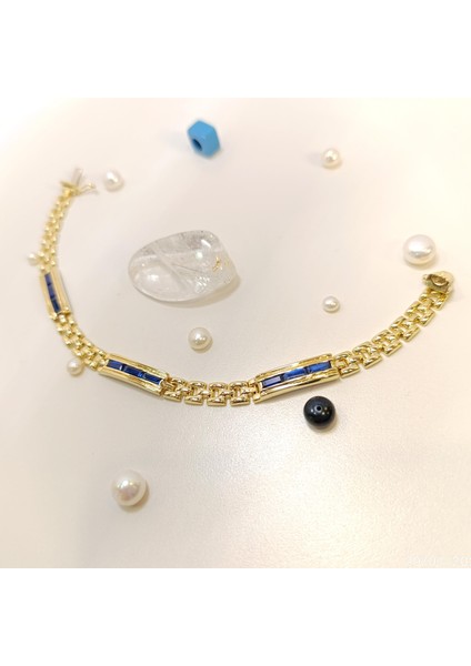 Mavi Baget Taşlı Bileklik Künye 14 Ayar Altın modelleri