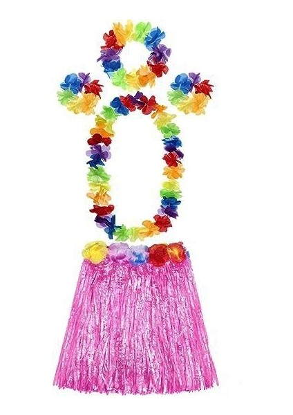Nessiworld Yetişkin ve Çocuk Uyumlu Luau Aloha Hawaii Pembe Etek ve Renkli Kolye Taç 2 Adet Bileklik Seti