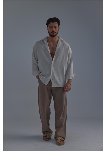 Erkek Linen Basic Oversize Gömlek Bej