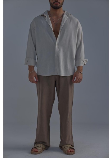 Erkek Linen Basic Oversize Gömlek Bej