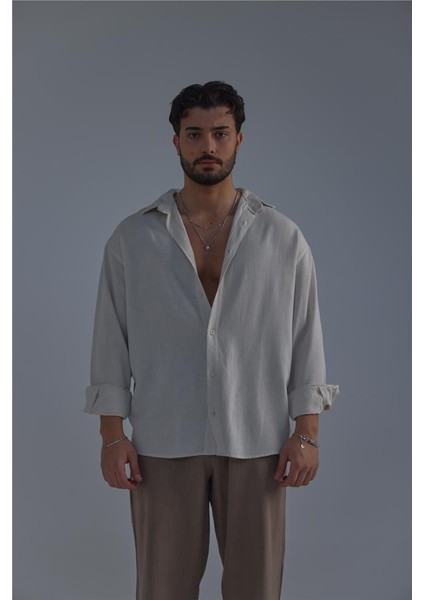 Erkek Linen Basic Oversize Gömlek Bej