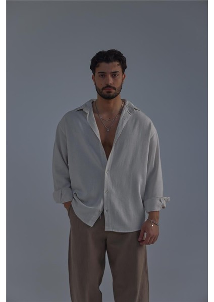 Erkek Linen Basic Oversize Gömlek Bej