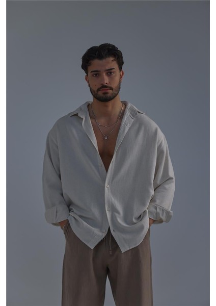 Erkek Linen Basic Oversize Gömlek Bej