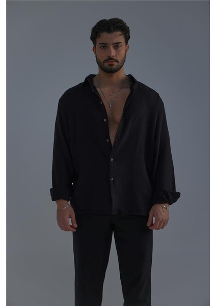 Erkek Örgülü Oversize Gömlek Siyah