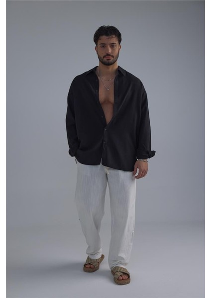 Erkek Basic Linen Gömlek Siyah
