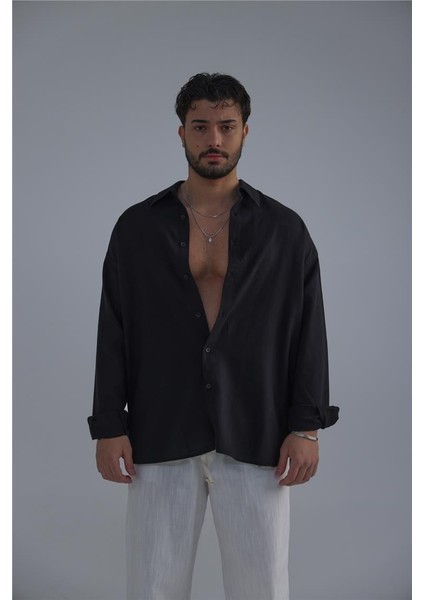 Erkek Basic Linen Gömlek Siyah