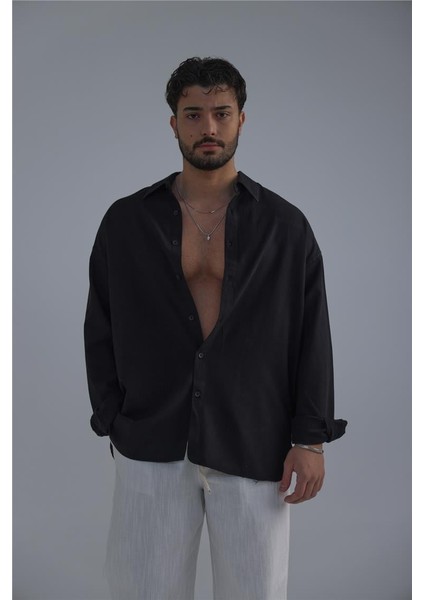 Erkek Basic Linen Gömlek Siyah