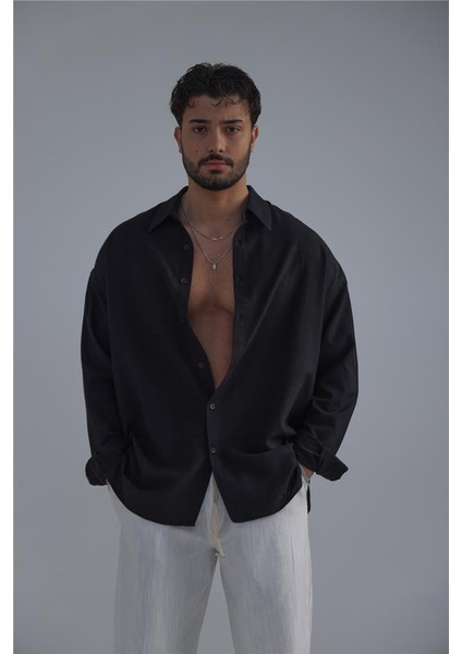 Erkek Basic Linen Gömlek Siyah