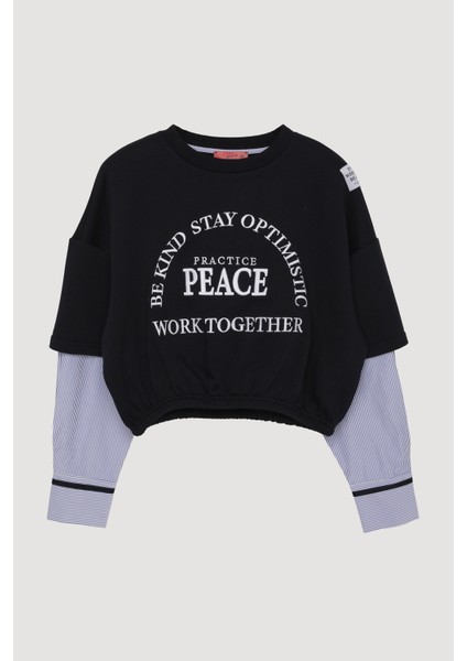 Kolları Çizgi Matchli Beli Lastikli Sweatshirt Lacivert