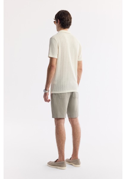 Erkek Ekru Apaj Yaka Jakarlı Keten Karışımlı Kısa Kol Regular Fit Gömlek A51Y2207