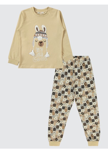 Kız Çocuk Pijama Takımı 6-9 Yaş Yulaf Sütü