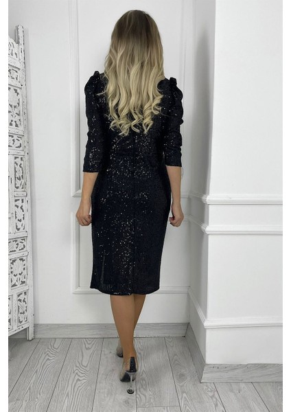 G0424 Drape Detaylı Kruvaze Yaka Payet Elbise Siyah fırsatları