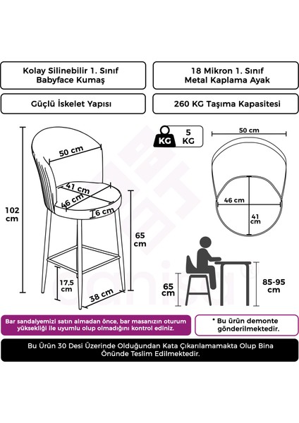 Alte Serisi 6 Adet Babyface Kumaş 65 cm Krom Kaplama Ayaklı Bar Sandalyesi fiyatları