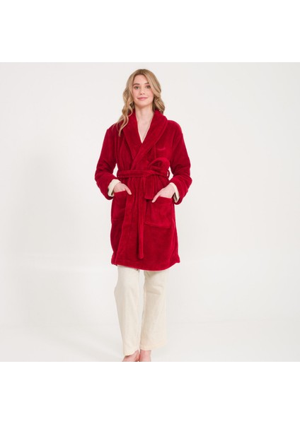 Kadın Welsoft Şal Yaka Bordo Polar Kadın Sabahlık