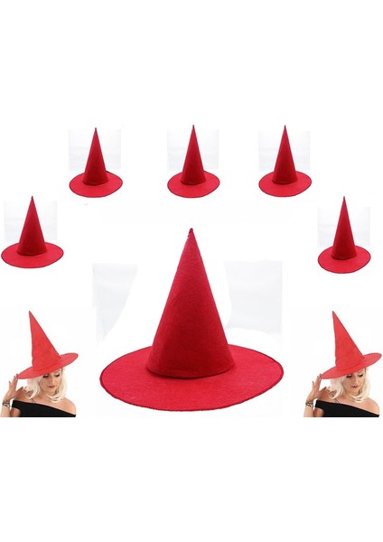 Kırmızı Renk Keçe Cadı Şapkası Yetişkin Çocuk Uyumlu 6 Adet