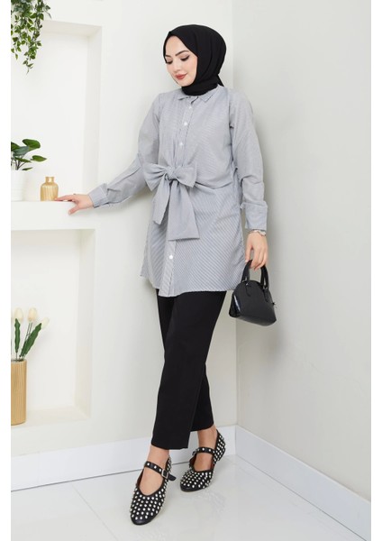 Çizgili Poplin Bağlamalı Gömlek - Siyah / Ü103 modelleri