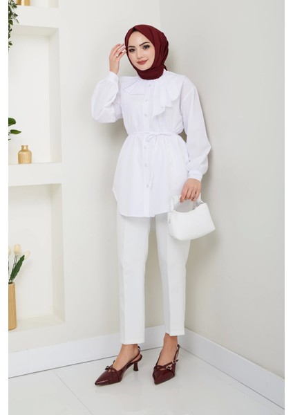Tasarım Detay Bağlamalı Gömlek - Beyaz / Ü102
